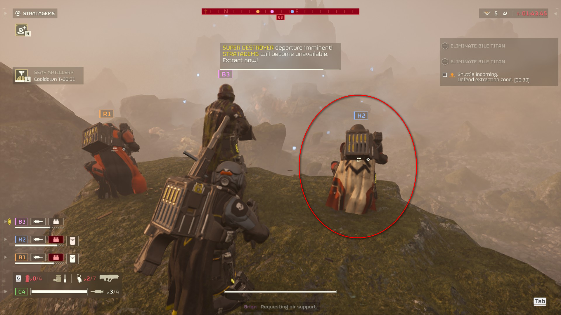 Four futuristic soldiers perched on top of a cliff, in a video game