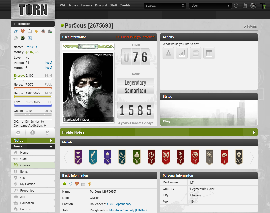 An image of Lok Tin's Torn profile, under the in-game username Per5eus.