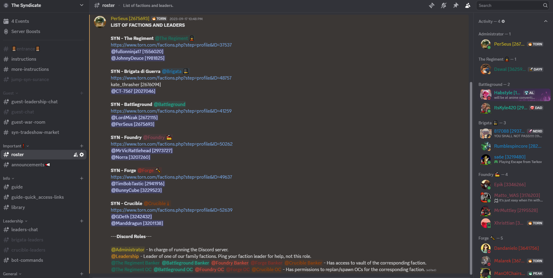 A Discord message showing a list of factions and leaders.