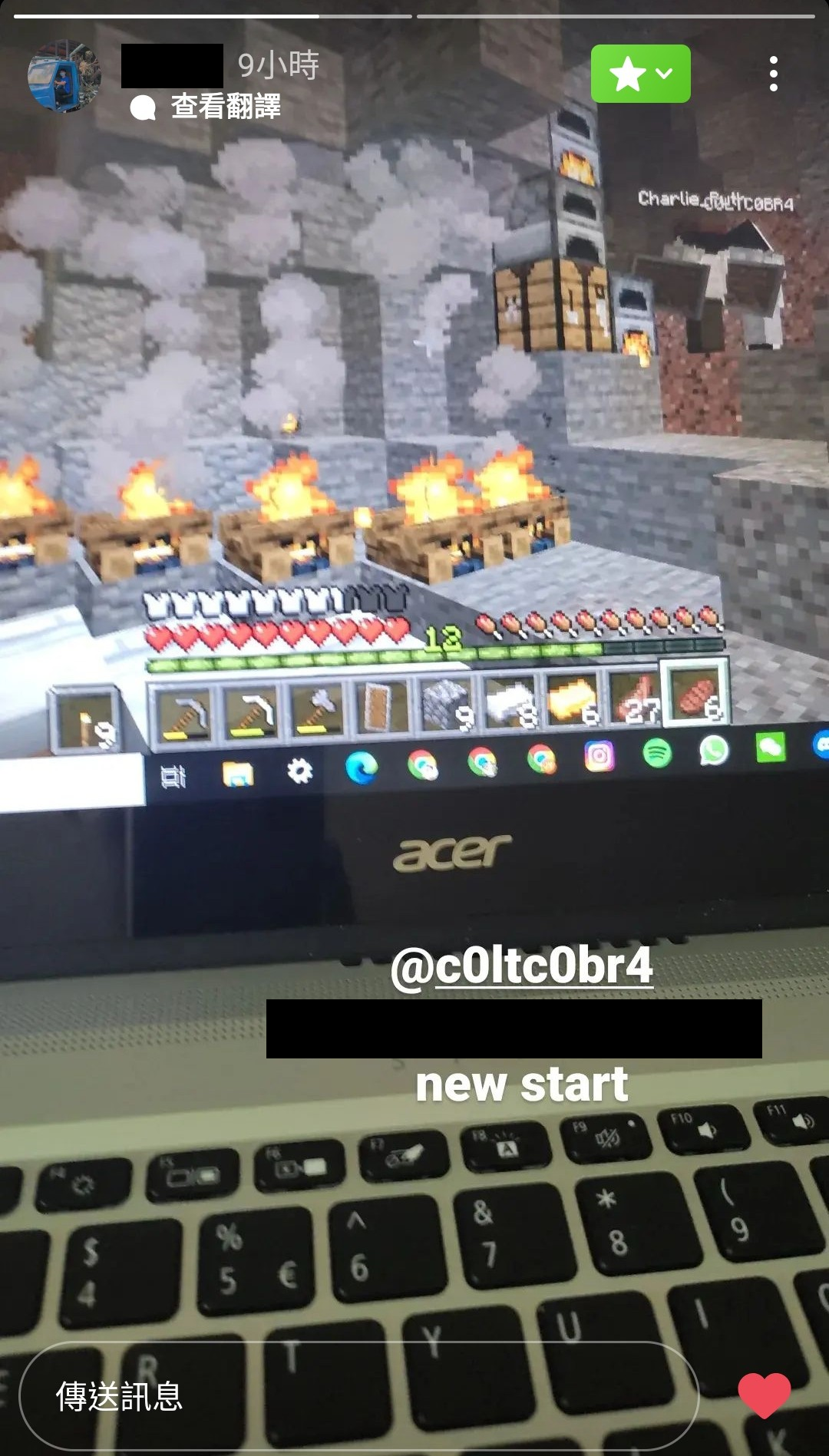 An Instagram story of a Minecraft cave, with a row of campfires and two players next to a furnace.