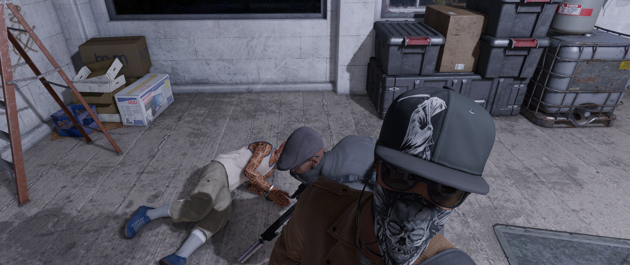Two masked individuals taking a selfie over a fallen tattoed man, in a video game.